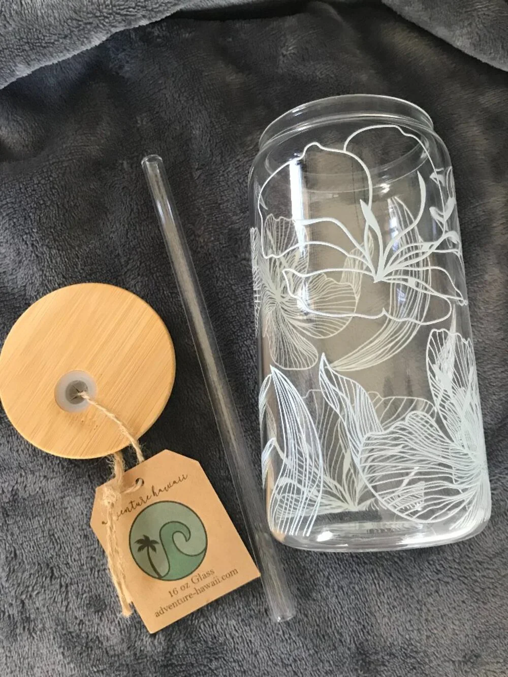 Adventure Hawaii Pacific 16 oz Glass Can Floral Tumbler Lid Straw New
